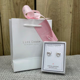 Life Charms the Thoughtful Jewellery Co. Silver plated stud hypoallergenic Earrings collection; Silver Infinity Heart Design in gift box (included) with matching life charm gift bag (sold separately)