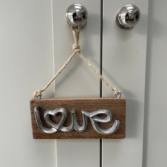 Aluminium Love Hanging Sign on Wooden plaque 18x9cm