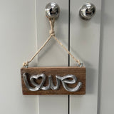 Aluminium Love Hanging Sign on Wooden plaque 18x9cm