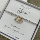Life Charm Bracelet - ‘Niece’ with three heart charms gold silver & rose gold - reads you are a special niece x