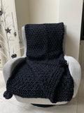 Retreat-home Black Chunky Knit Throw with Pom Poms 23AW132