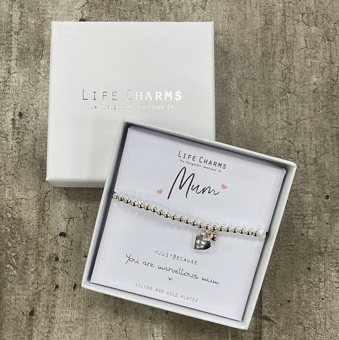 Life Charms Bracciale Elastico Per Futura Mamma Con Ciondolo Doppio Cuore Placcato Argento, In Confezione Regalo