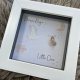 Mini Framed Pebble Art -White block square frame 12.5cm 'Makes a lovely gift for a baby shower, new born or christening to deliver the meaningful well-known phrase 'Dream Big Little One' with a soft image of a stork flying towards the moon & stars with a pebble bundled baby