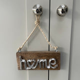 Metal 'Home' sign on Hanging Wooden plaque