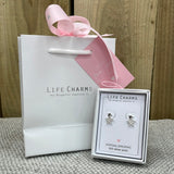 Life Charms the Thoughtful Jewellery Co. Silver plated stud hypoallergenic Earrings collection;  double star design in it's lovely gift box (included) with matching life charms gift bag (sold separately for £2)
