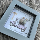 Mini Framed Pebble Art - Grey block square frame 12.5cmThe background is fun with a pink scooter with two pebble friends sitting on it toasting with prosecco with the quote 'We'll be friends til we're old and senile...Then we'll be new friends!'