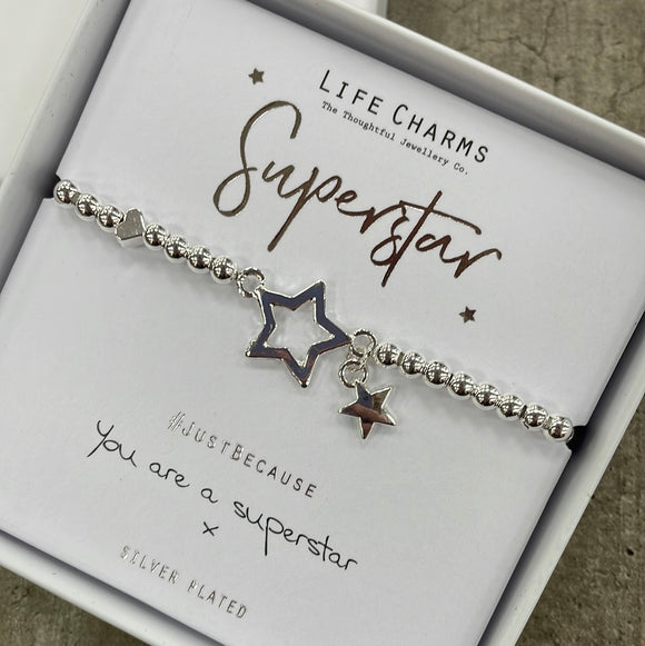 Life Charm Silver Bracelet with star charms - reads ‘Superstar #justbecause you are a superstar x'