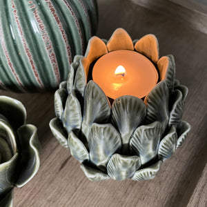 Rustic Green Ceramic Flower T-Light Holder - 2 Sizes