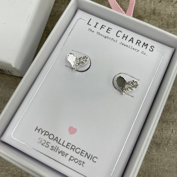 Life Charms the Thoughtful Jewellery Co. Silver plated stud hypoallergenic Earrings collection;  Half crystal  Heart design