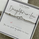 Life Charms Silver Bracelet with 2 hearts charm - "Daughter-In-Law #justbecause You are a great daughter-in-law x"