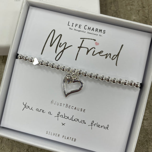 Life charm silver plated bracelet with dangly open heart charm reads 