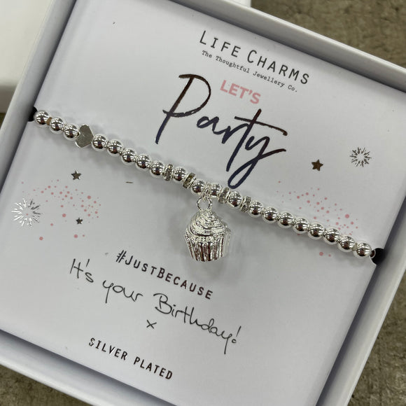 Life Charms Silver Bracelet with silver cupcake charm - reads 