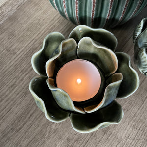Rustic Green Ceramic Flower T-Light Holder - Small