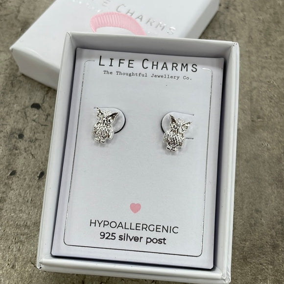 Life Charms the Thoughtful Jewellery Co. Silver plated stud hypoallergenic Earrings collection; Owl design