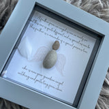 Mini Framed Pebble Art - White & Grey block square frame 12.5cm 'A feather from an angel is one we rarely see but this one is quite different and as special as can be. This feather is a reminder of a special person's love , who is now your guardian angel watching and protecting from above'The pebble angel with the wings in a soft background with a white feather loose inside the frame making this a beautiful gift 