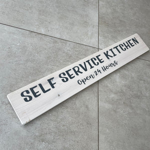 Made in the UK by The Giggle Gift co. Long L59.5cm Wooden Hanging Plaque; Self Service Kitchen Open 24 hours