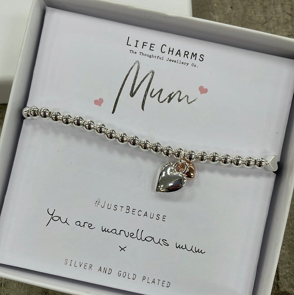 Life Charm Bracelet - ‘Mum’ with dangly heart charms - reads 