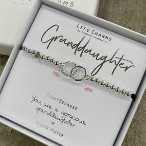 Life Charms Silver Bracelet with intertwining sparkly silver rings - "Granddaughter #justbecause You are a gorgeous granddaughter x"