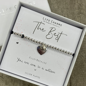 Life charms silver plated bracelet with dangly flat heart & small pearl charm - reads "The Best #justbecause You are one in a million x"