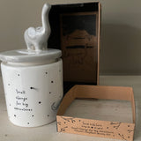 Cute Elephant white H12cm ceramic quotable Money Box; 'Small change for big adventures' Send with Love detailed gift box