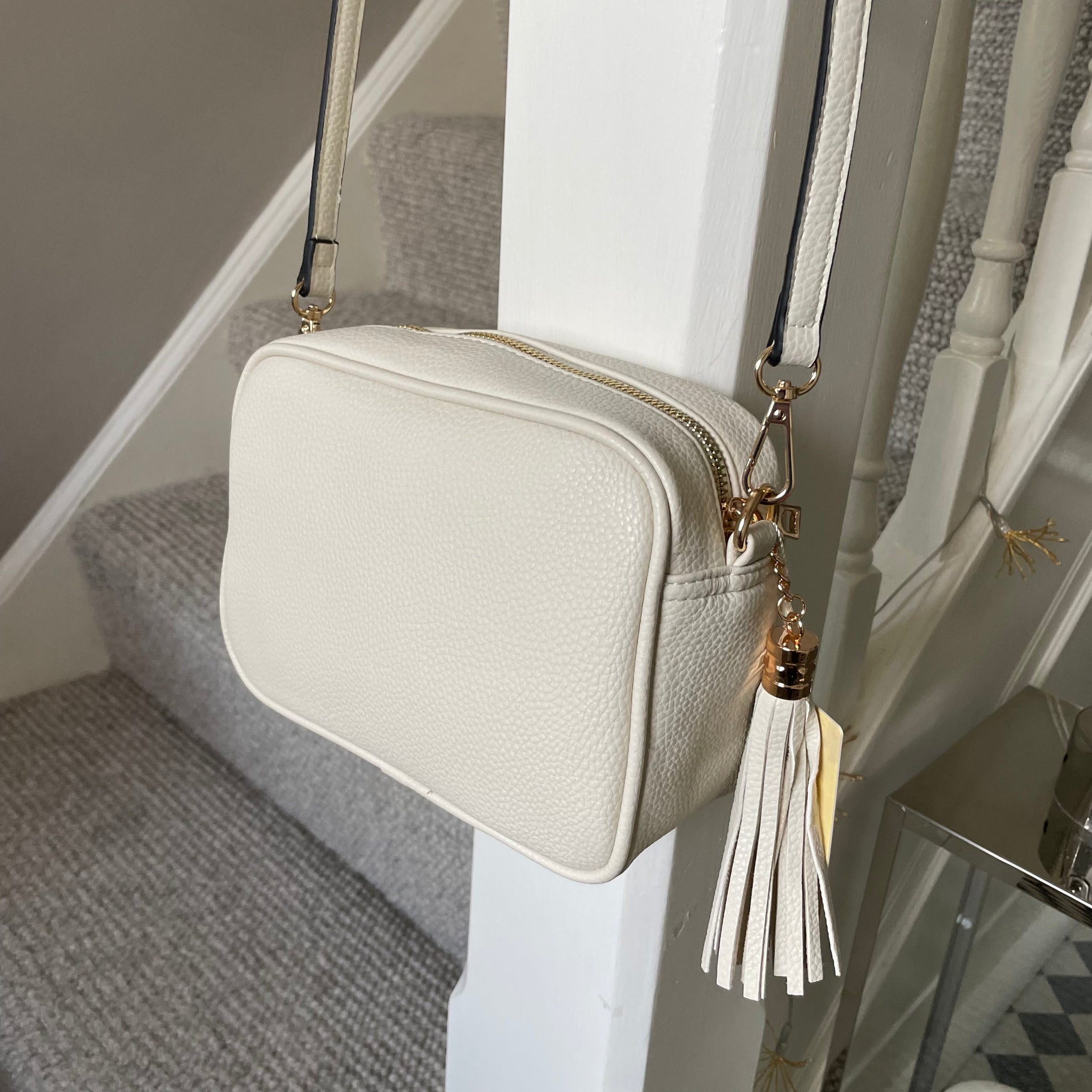 Faux Leather Cross Body Bag with Tassel Off White Beige The
