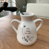 White Ceramic Mini Bud Vase with Twin Handle - 8cm with lovely quote; 'Make today bee-utiful'