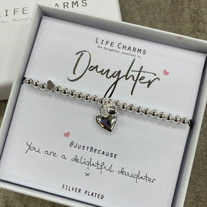 Life Charms Silver Bracelet with dangly heart charms - "Daughter #justbecause You are a delightful daughter x"