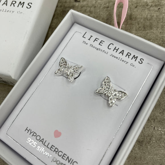 Life Charms the Thoughtful Jewellery Co. Silver plated stud hypoallergenic Earrings collection;  Butterfly design