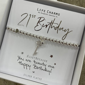 Life Charms Bracelet - '21st Birthday' Key Charm Silver Bracelet - 'you are twenty one happy birthday! x'