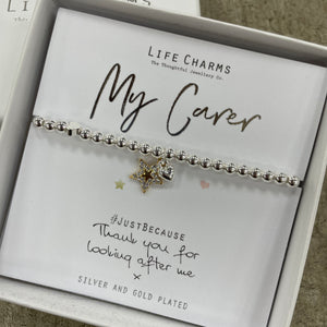 Life Charm Bracelet with gold star charm - ‘My Carer’ reads "thank you for looking after me x"in it's gift box (included)