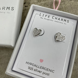 Life Charms the Thoughtful Jewellery Co. Silver plated stud hypoallergenic Earrings collection;  Diamond heart design