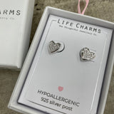 Life Charms the Thoughtful Jewellery Co. Silver plated stud hypoallergenic Earrings collection;  Diamond heart design