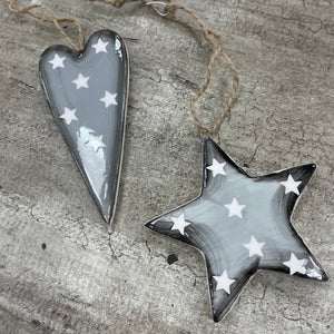 Ceramic Grey Hanging Long Heart & Star with star detail
