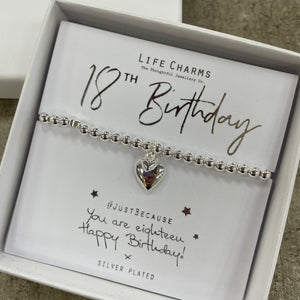 Life Charms Bracelet - "18th Birthday" - silver bracelet with heart charm - "you are eighteen Happy Birthday! x"