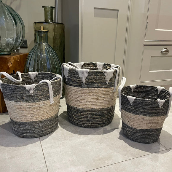 Grey and White Baskets with Handles Available in 2 sizes; Medium H32cm & Large H37cm