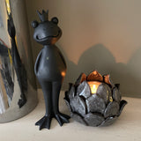 Wikholmform - Unique design & products from Scandinavia Grey Melange Artichoke Candle Holder 05469 10x13cm approx and tall standing black frog wearing a big smile & crown