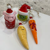Fun christmas ceramic hanging decorations; pigs in blanket, sprout, parsnip & carrot