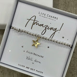 Life Charms Silver Bracelet with gold star charm - "Amazing! #justbecause - well done x"