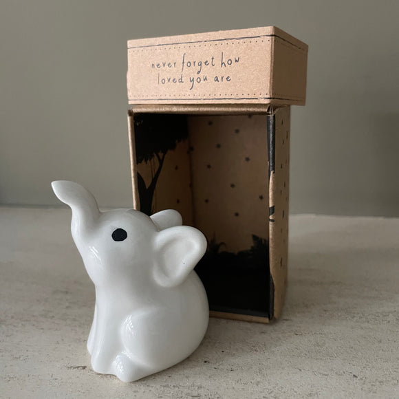 Cute Elephant white H9cm ceramic Charm Keepsake Quote on the Send with Love box - 'Never forget how loved you are'
