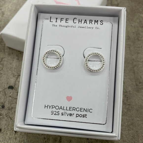 Life Charms the Thoughtful Jewellery Co. Silver plated stud hypoallergenic Earrings collection; Karma Circle design