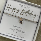 Life Charm Silver Bracelet with puffed heart charm reads "Happy Birthday #justbecause Happy Birthday! x"