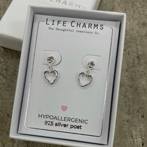 Life Charms the Thoughtful Jewellery Co. Silver plated stud hypoallergenic Earrings collection; Open Heart Drop Silver Stud Design