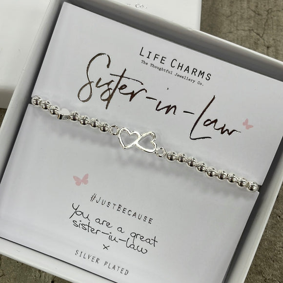 Life Charms Silver Plated Bracelet with two heart charms - reads ‘Sister-in-Law #justbecause you are a great sister in law x'