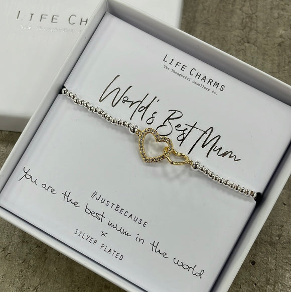 Life Charm Bracelet with entwined gold sparkly hearts - ‘World's Best Mum’ 
