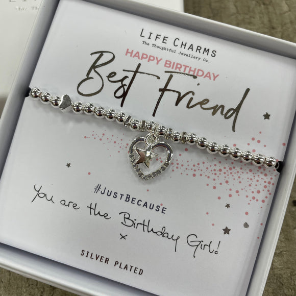 Life Charm Silver Bracelet with Open Heart Charm with star inside reads 