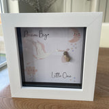 Mini Framed Pebble Art -White block square frame 12.5cm 'Makes a lovely gift for a baby shower, new born or christening to deliver the meaningful well-known phrase 'Dream Big Little One' with a soft image of a stork  flying towards the moon & stars with a pebble bundled baby 