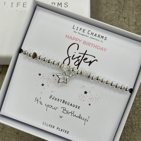 Life Charms Silver Bracelet with dangly star charm reads 