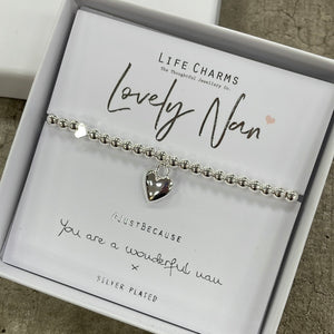 Life Charms Silver Bracelet with puffed heart charm reads "Lovely Nan #justbecause You are a wonderful nan x"