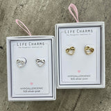Life Charms the Thoughtful Jewellery Co. Silver plated stud hypoallergenic Earrings collection; Silver & Gold Infinity Heart Design in gift box (included)