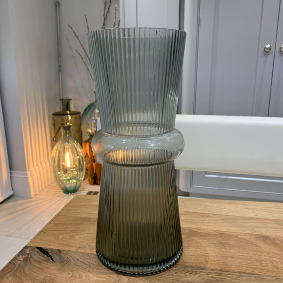 Hand Blown Grey Ribbed Glass Vase